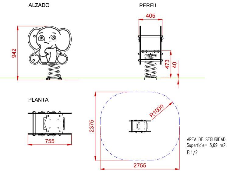 Balancín muelle individual ELEFANTE de doble panel uso público comercial medidas