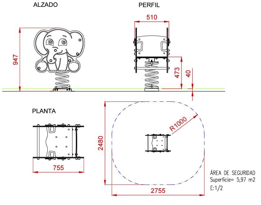 balancín infantil de uso público en forma de elefante medidas
