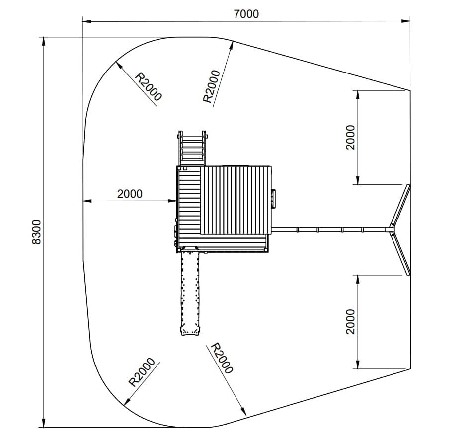 Casita elevada con tobogán y columpio MASGAMES LOLLIPOP L medidas area seguridad